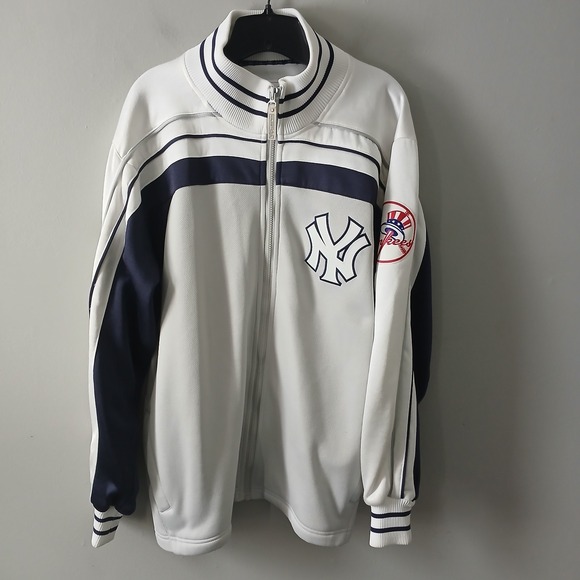 Vintage Majestic MLB NY Yankees Size Large Full Zip Warm up Jacket Logo Striped - Picture 1 of 16